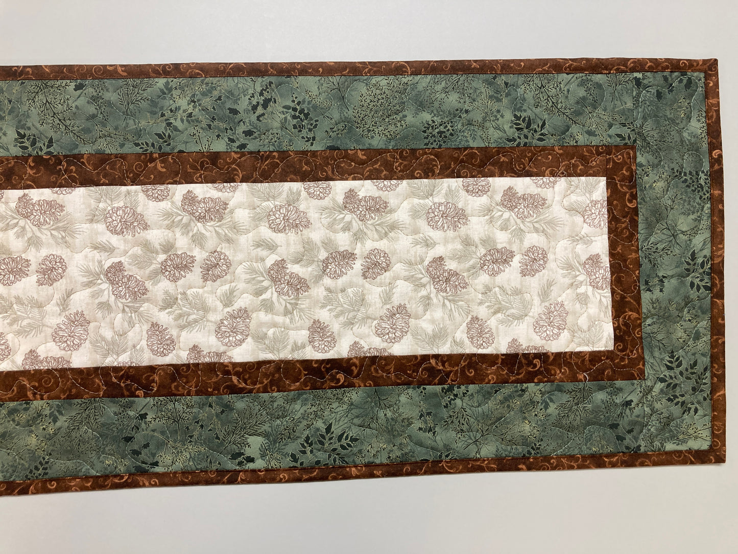 Summer Pine Cones Quilted Dining Table Runner, Fall Reversible, Coffee End Table Dresser Scarf 13x48" Woods Rustic Mountain Cabin Handmade