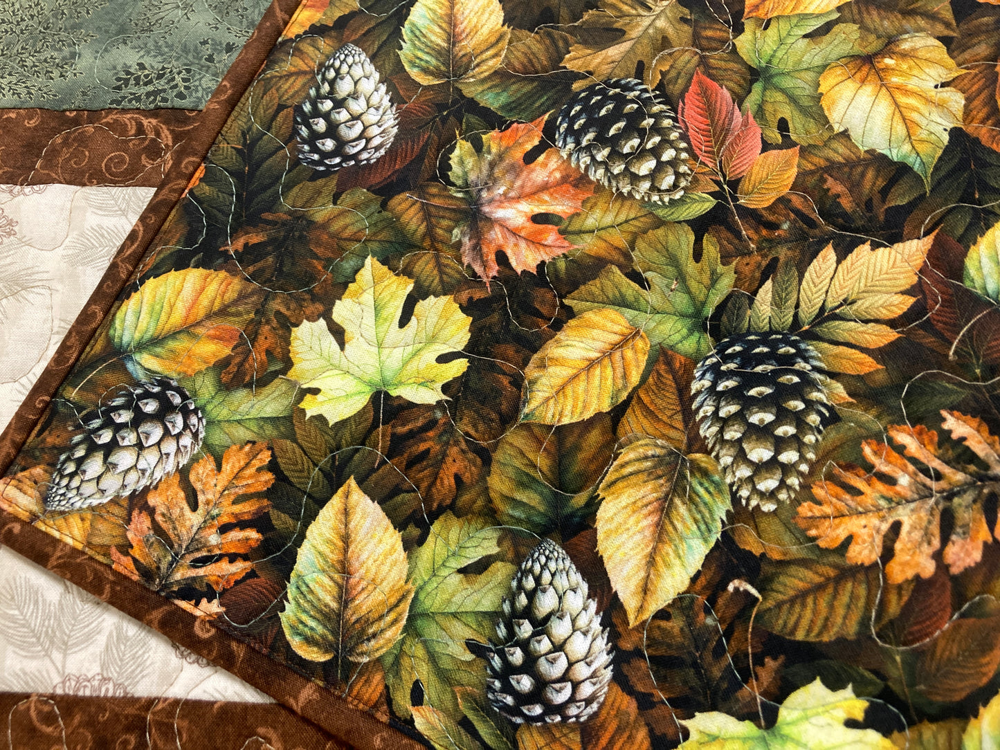 Summer Pine Cones Quilted Dining Table Runner, Fall Reversible, Coffee End Table Dresser Scarf 13x48" Woods Rustic Mountain Cabin Handmade