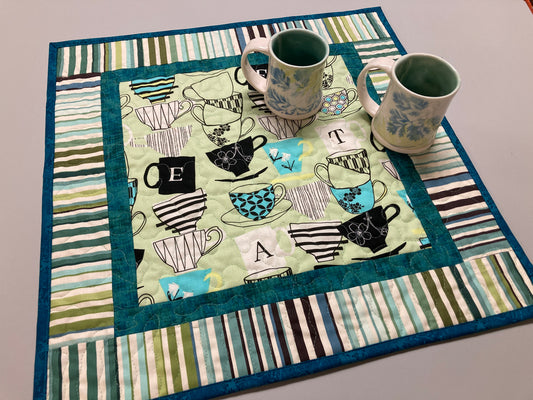 Retro Teacups Quilted Table Topper Square, Reversible 20x20" Dining Coffee End Table Vintage Nostalgic Handmade Blue Green Minimalist