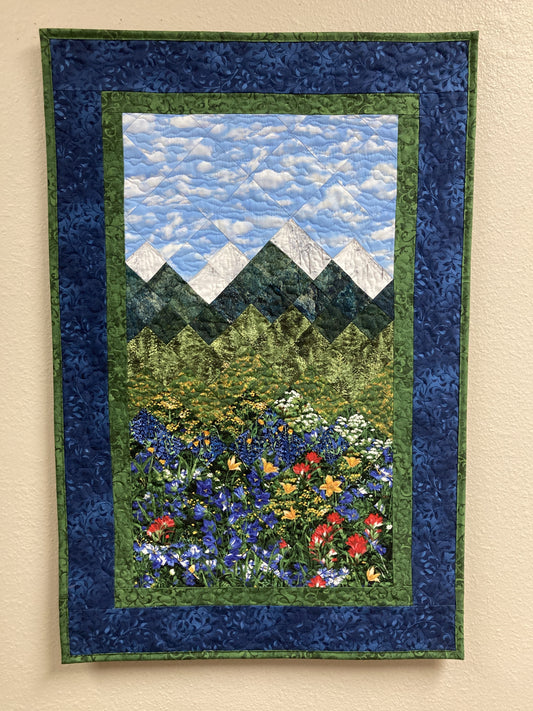 Mountain Art Quilt Tapestry Fabric Wall Hanging, 21x32” Original Artwork, Forest Blue Red Yellow Meadow Flower Snowy Scenic Alpine Cabin
