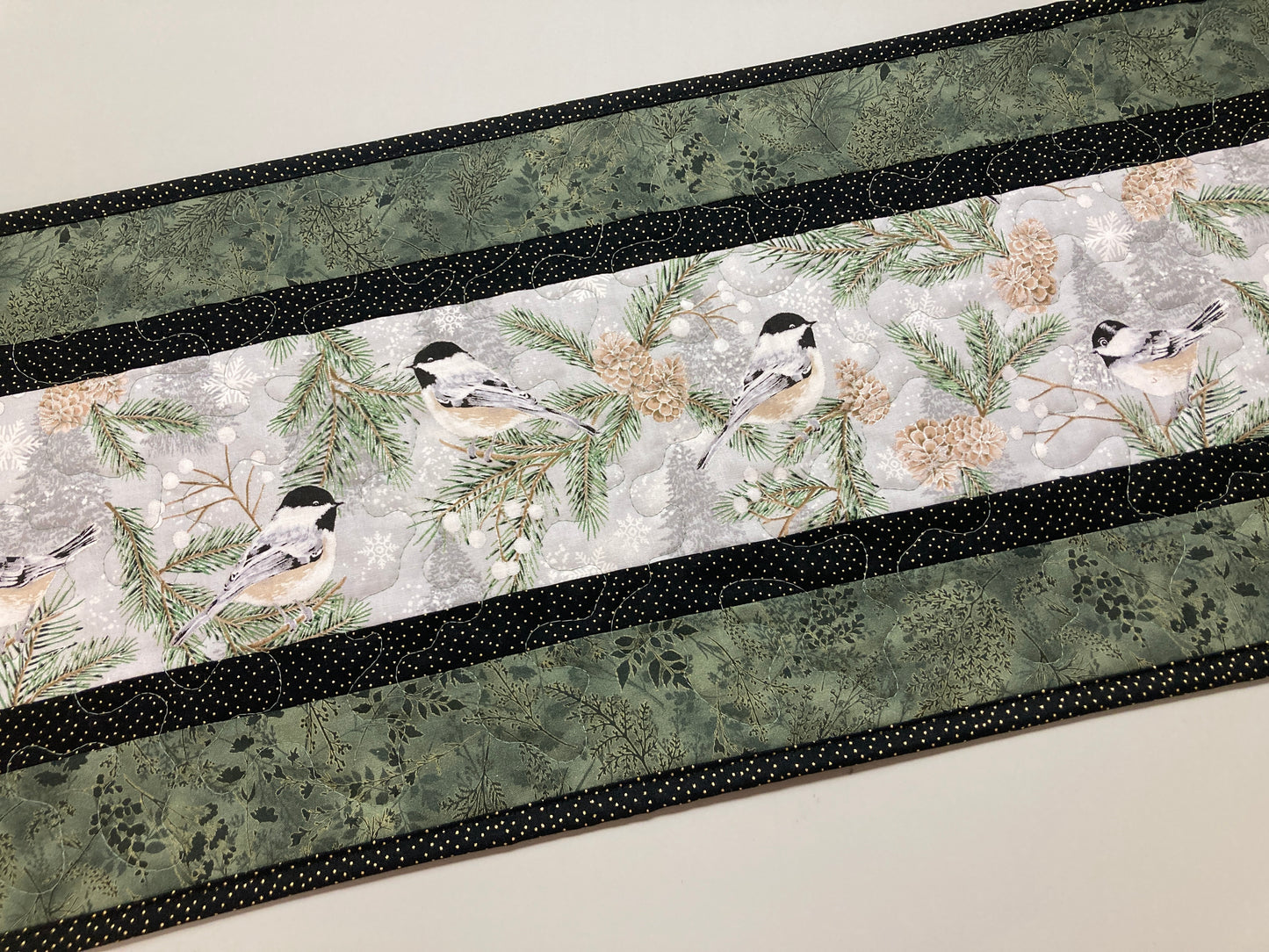 Winter Mountain Chickadees Snowy Trees Quilted Table Runner 13x48" Reversible Fall, Birds End Coffee Dining Table Decor Christmas Everyday