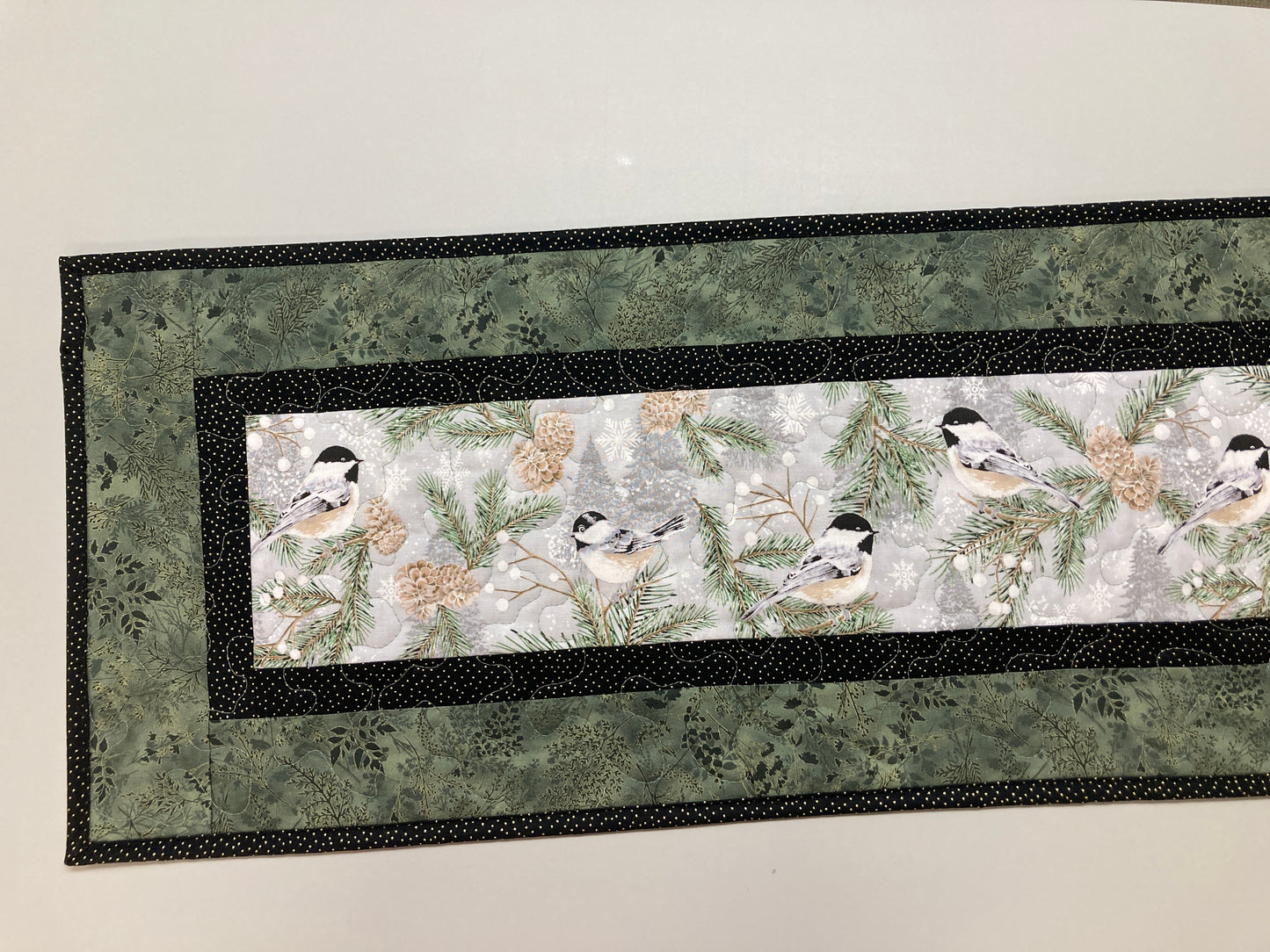 Winter Mountain Chickadees Snowy Trees Quilted Table Runner 13x48" Reversible Fall, Birds End Coffee Dining Table Decor Christmas Everyday