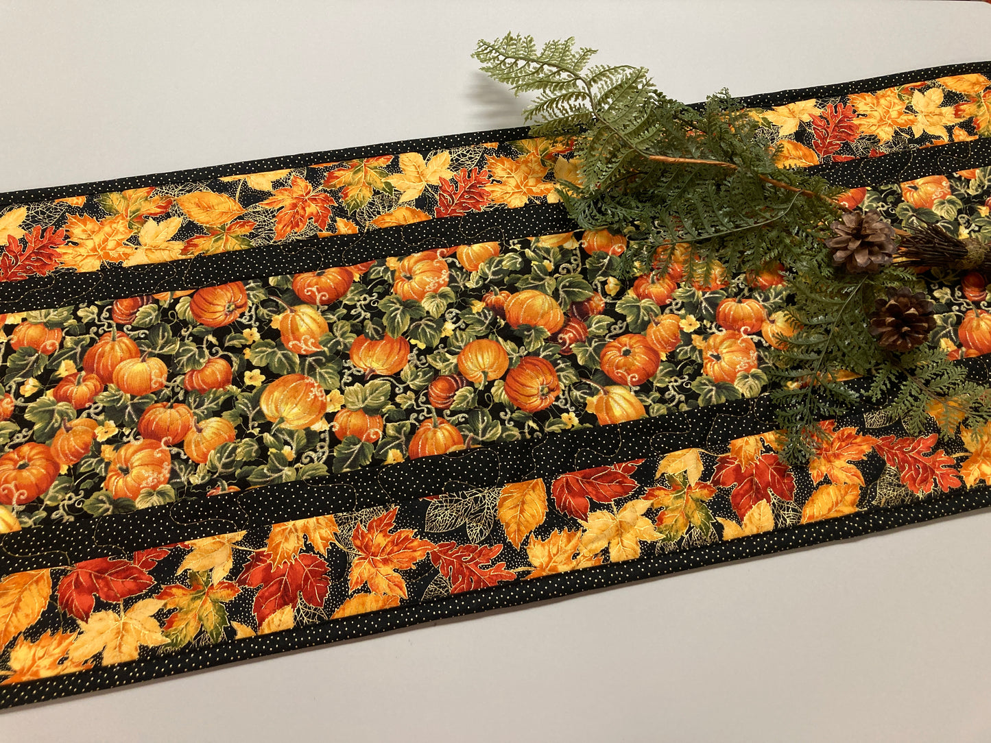 Pumpkins Dining Table Runner, Fall Autumn Leaves Quilted Handmade, Orange Green Gold Fall Table Decor, 13x48" Thanksgiving Holiday Winter