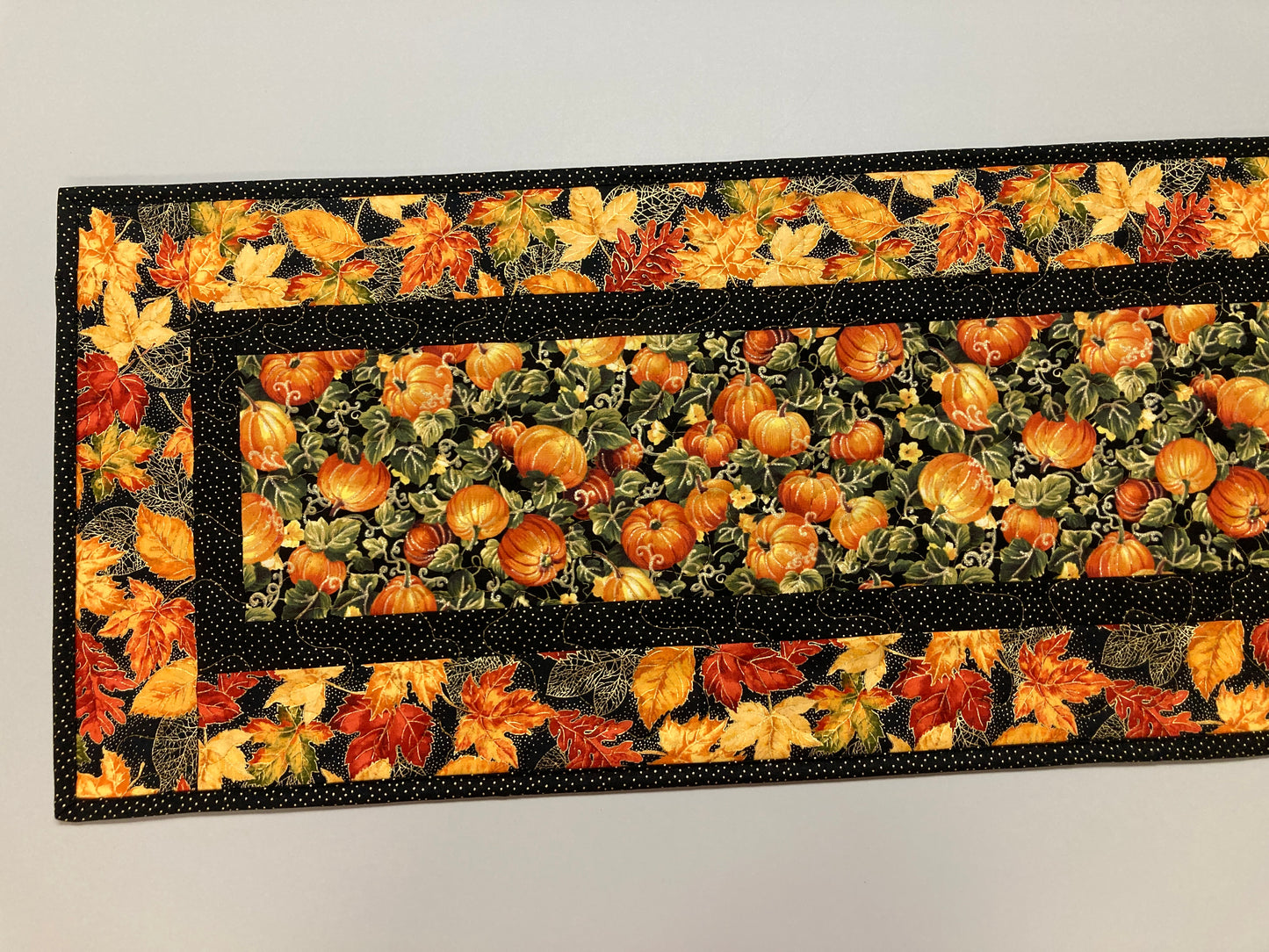 Pumpkins Dining Table Runner, Fall Autumn Leaves Quilted Handmade, Orange Green Gold Fall Table Decor, 13x48" Thanksgiving Holiday Winter