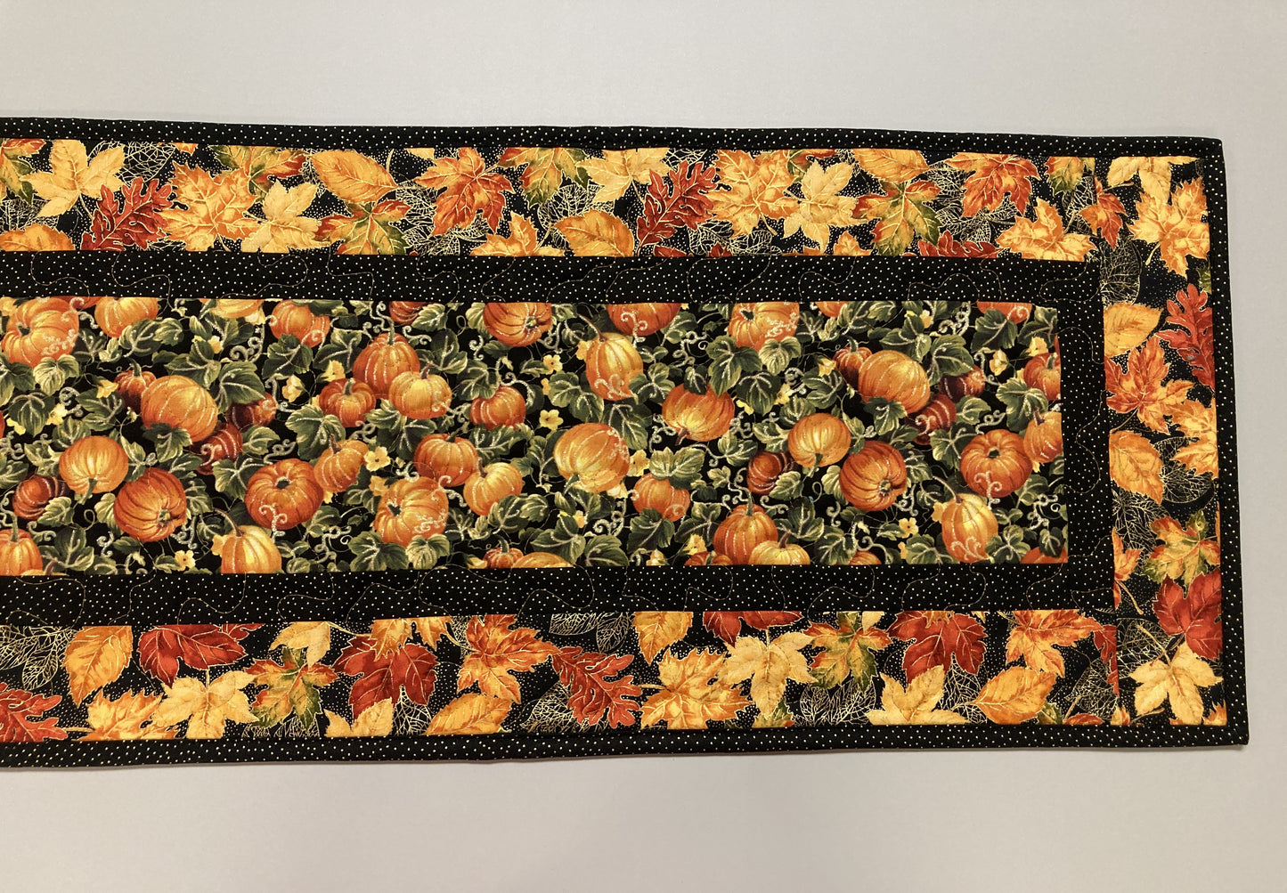 Pumpkins Dining Table Runner, Fall Autumn Leaves Quilted Handmade, Orange Green Gold Fall Table Decor, 13x48" Thanksgiving Holiday Winter