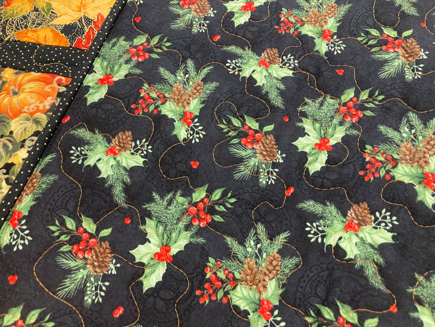 Pumpkins Dining Table Runner, Fall Autumn Leaves Quilted Handmade, Orange Green Gold Fall Table Decor, 13x48" Thanksgiving Holiday Winter