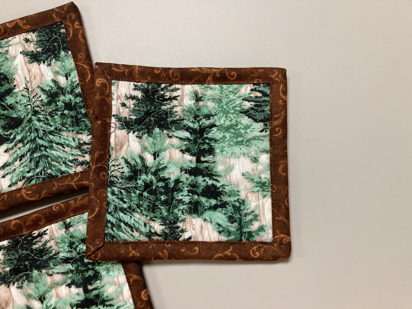 Fabric Coasters, Mountain Pine Trees, Quilted 5x5" Snack Mats Mug Rugs Alpine Woods Mancave Hostess Stocking Stuffer Gift Him Her Handmade