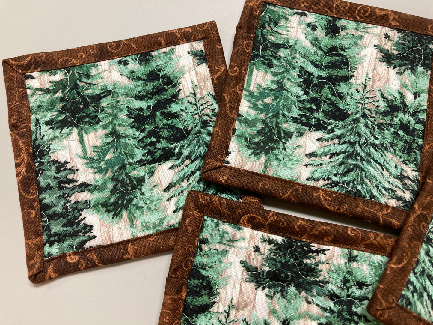 Fabric Coasters, Mountain Pine Trees, Quilted 5x5" Snack Mats Mug Rugs Alpine Woods Mancave Hostess Stocking Stuffer Gift Him Her Handmade