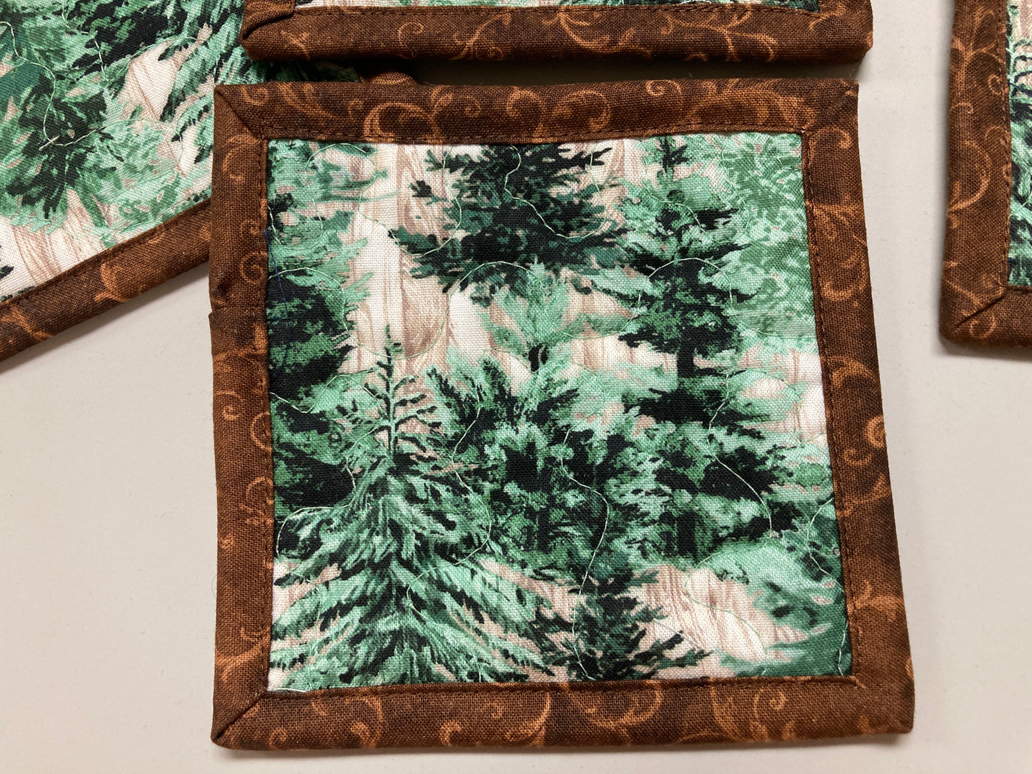 Fabric Coasters, Mountain Pine Trees, Quilted 5x5" Snack Mats Mug Rugs Alpine Woods Mancave Hostess Stocking Stuffer Gift Him Her Handmade
