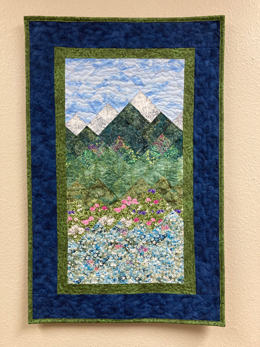 Spring Misty Blue Meadow Mountain Art Quilt Tapestry, Fabric Wall Hanging 19.5x30” Vertical Forest Mountain Scenic Original Artwork Handmade