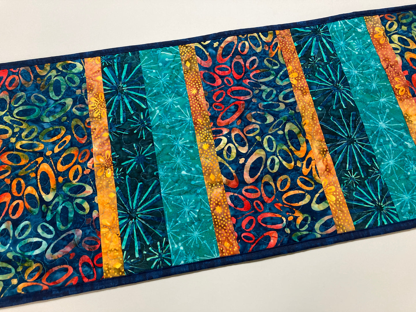 Quilted Batik Table Runner, Modern Circles Blue Orange Turquoise, 13x42” Reversible Wide Boho Hippie Chic Coffee Dining Table, Original Art