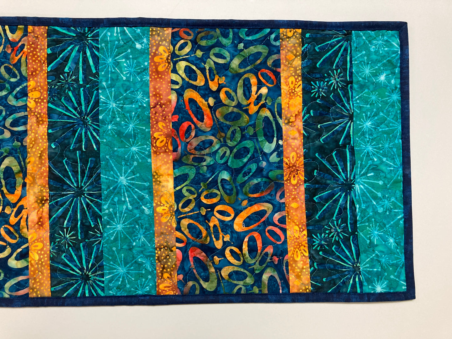 Quilted Batik Table Runner, Modern Circles Blue Orange Turquoise, 13x42” Reversible Wide Boho Hippie Chic Coffee Dining Table, Original Art