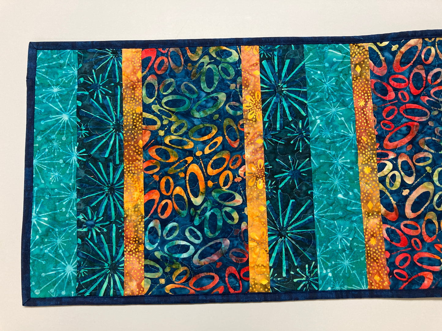 Quilted Batik Table Runner, Modern Circles Blue Orange Turquoise, 13x42” Reversible Wide Boho Hippie Chic Coffee Dining Table, Original Art