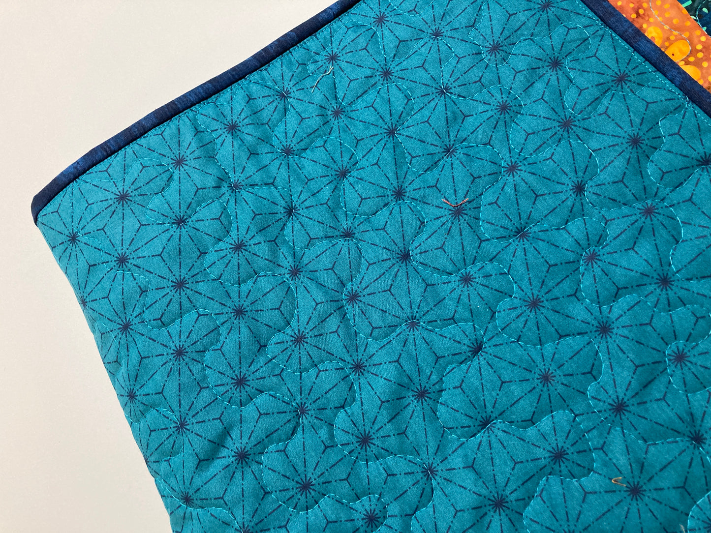 Quilted Batik Table Runner, Modern Circles Blue Orange Turquoise, 13x42” Reversible Wide Boho Hippie Chic Coffee Dining Table, Original Art