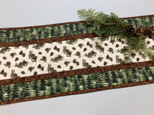 Pine Cones and Trees Quilted Dining Table Runner, Reversible Fall Green, Coffee Table Runner, Dresser Scarf, End Table 13x48" Handmade