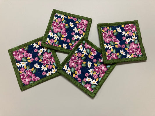 Modern Garden Pink Flowers Leaves Fabric Drink Coasters, 5x5" Quilted Cotton, Cold Hot Drinks Coffee Tea Snack Mats Mug Rugs, Nature Garden