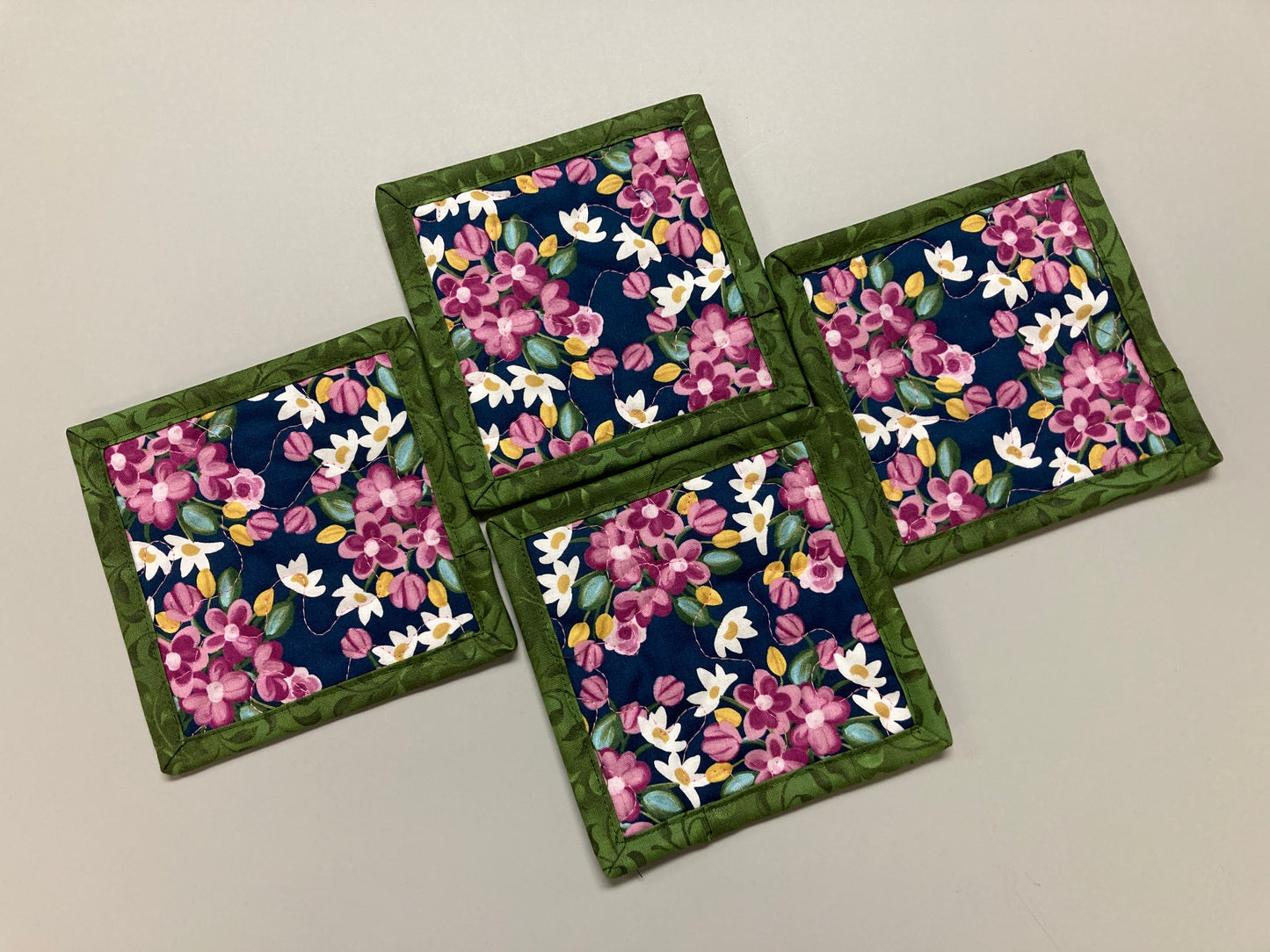 Modern Garden Pink Flowers Leaves Fabric Drink Coasters, 5x5" Quilted Cotton, Cold Hot Drinks Coffee Tea Snack Mats Mug Rugs, Nature Garden