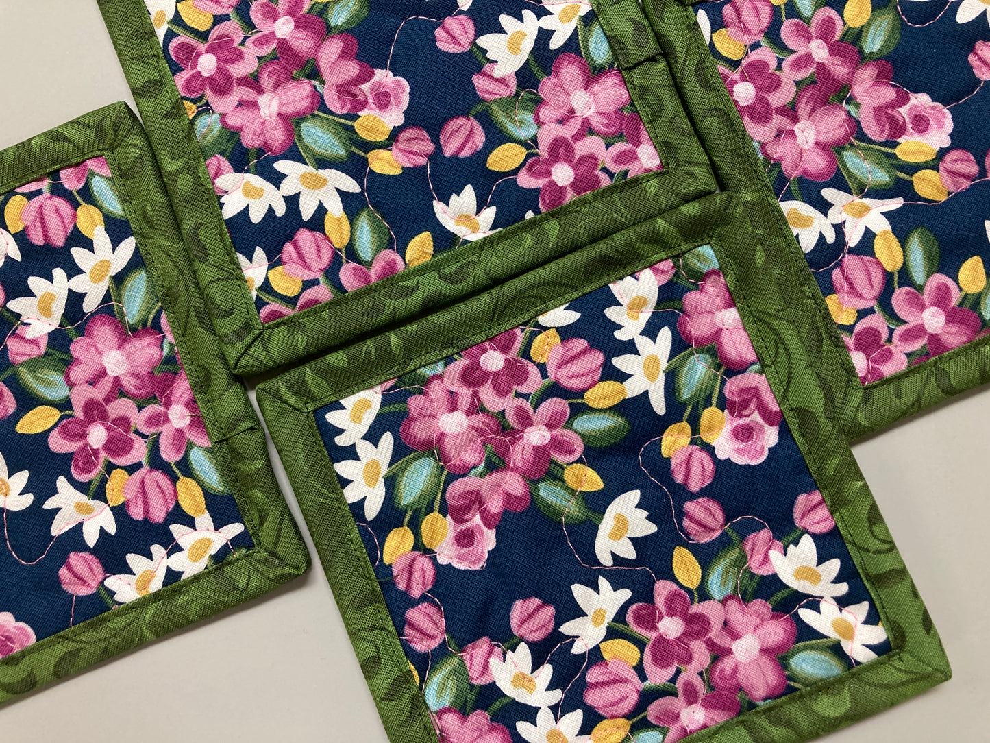 Modern Garden Pink Flowers Leaves Fabric Drink Coasters, 5x5" Quilted Cotton, Cold Hot Drinks Coffee Tea Snack Mats Mug Rugs, Nature Garden