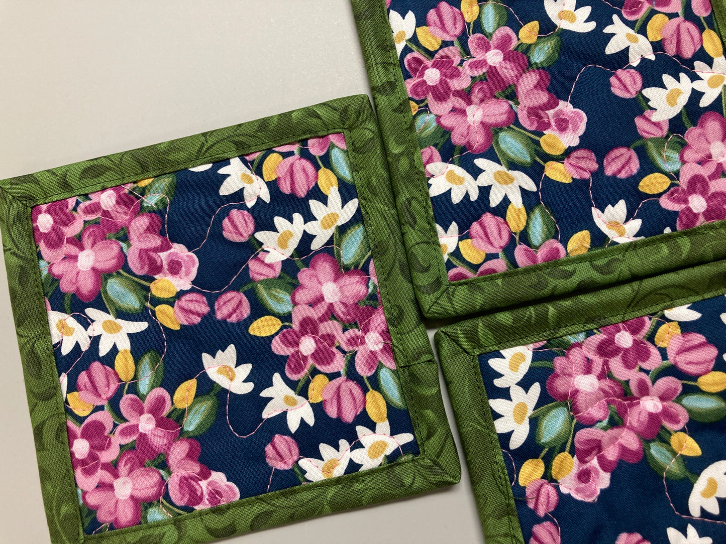 Modern Garden Pink Flowers Leaves Fabric Drink Coasters, 5x5" Quilted Cotton, Cold Hot Drinks Coffee Tea Snack Mats Mug Rugs, Nature Garden