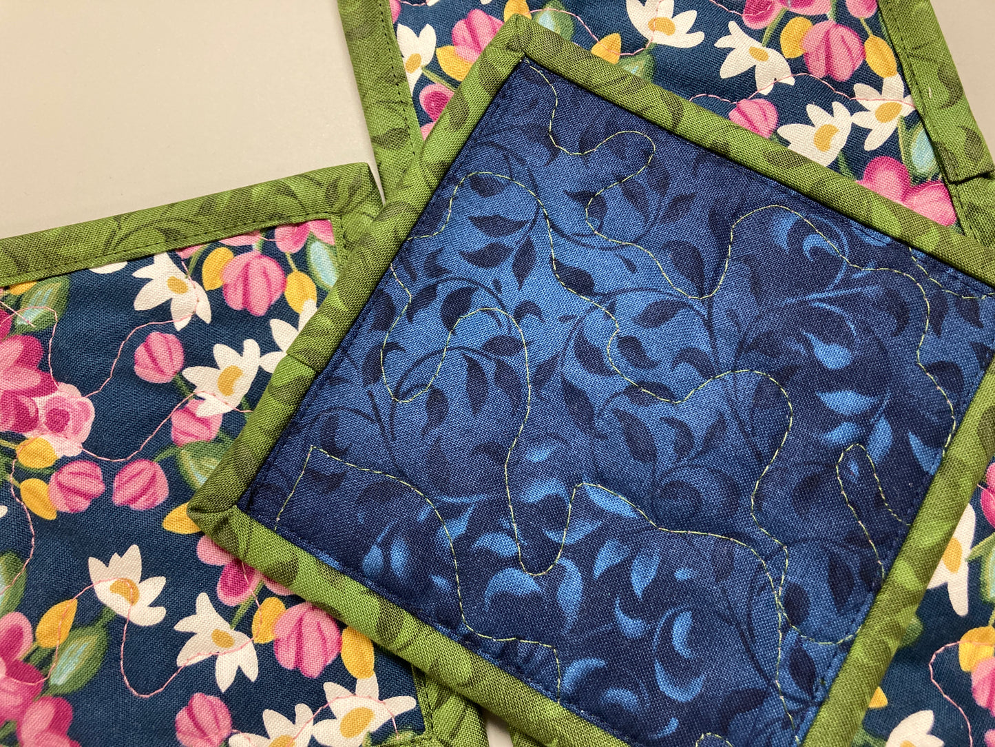 Modern Garden Pink Flowers Leaves Fabric Drink Coasters, 5x5" Quilted Cotton, Cold Hot Drinks Coffee Tea Snack Mats Mug Rugs, Nature Garden