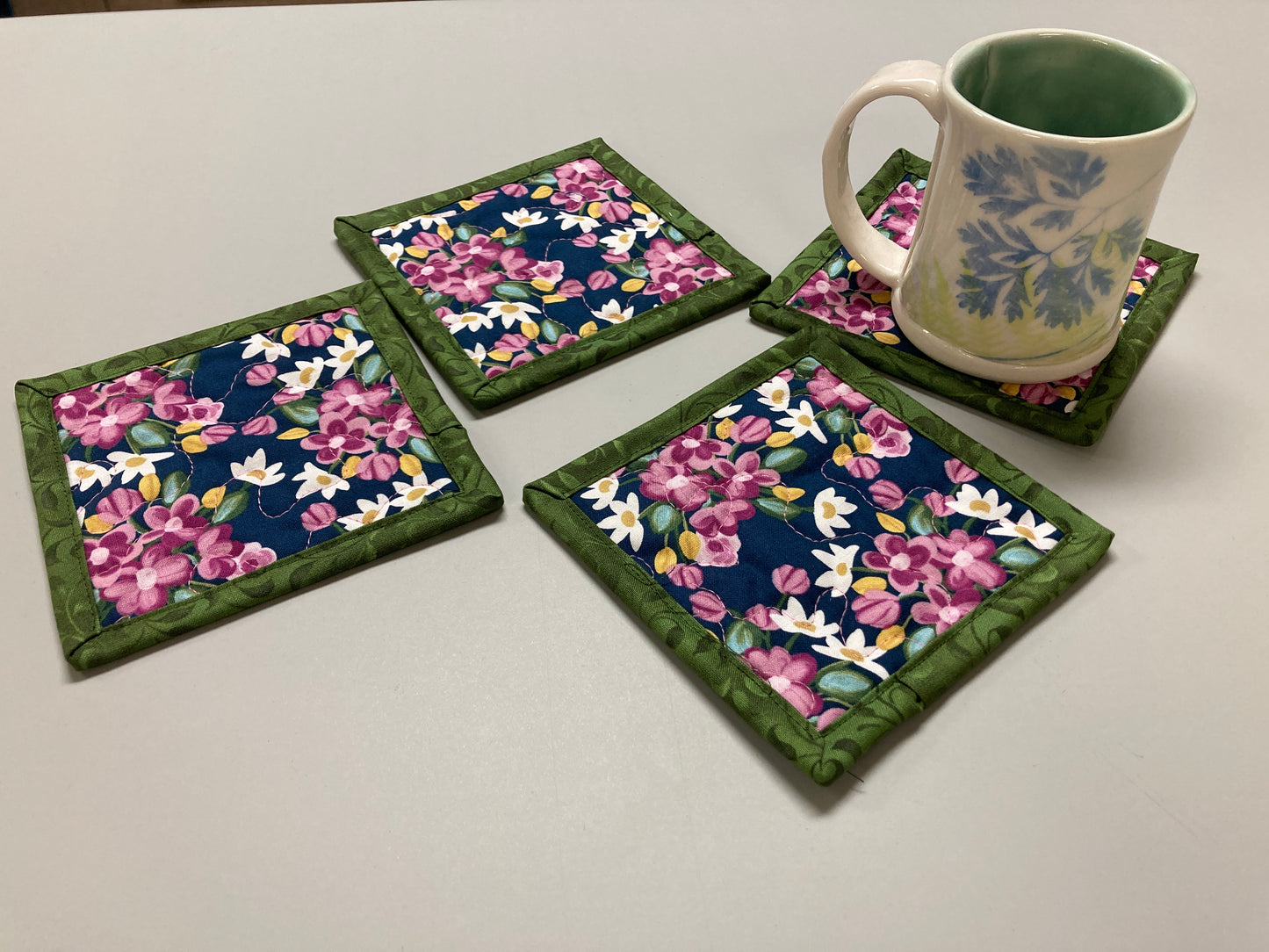 Modern Garden Pink Flowers Leaves Fabric Drink Coasters, 5x5" Quilted Cotton, Cold Hot Drinks Coffee Tea Snack Mats Mug Rugs, Nature Garden