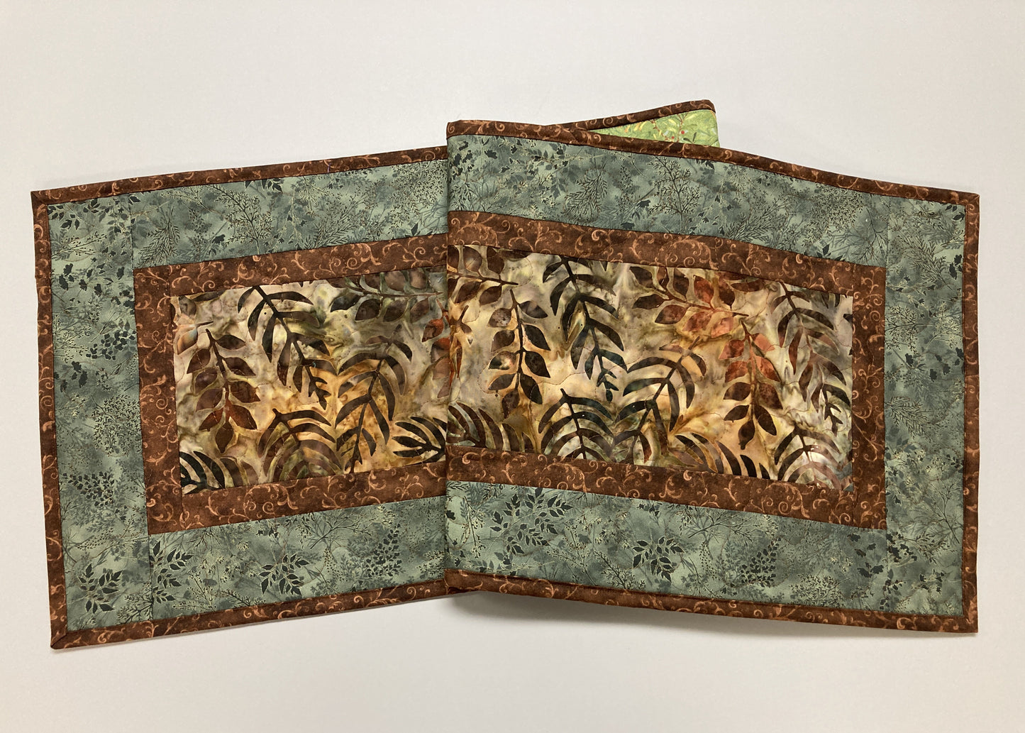 Batik Fall Leaves Quilted Table Runner, Autumn Golden Brown Rust Green, Dining Coffee End Table Runner, 13x48" Reversible Summer Handmade