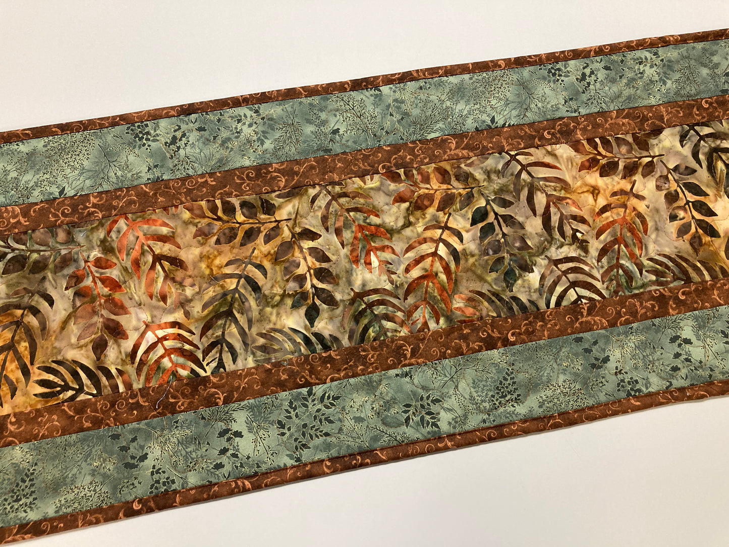 Batik Fall Leaves Quilted Table Runner, Autumn Golden Brown Rust Green, Dining Coffee End Table Runner, 13x48" Reversible Summer Handmade