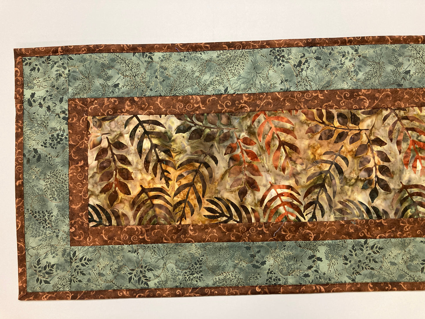 Batik Fall Leaves Quilted Table Runner, Autumn Golden Brown Rust Green, Dining Coffee End Table Runner, 13x48" Reversible Summer Handmade