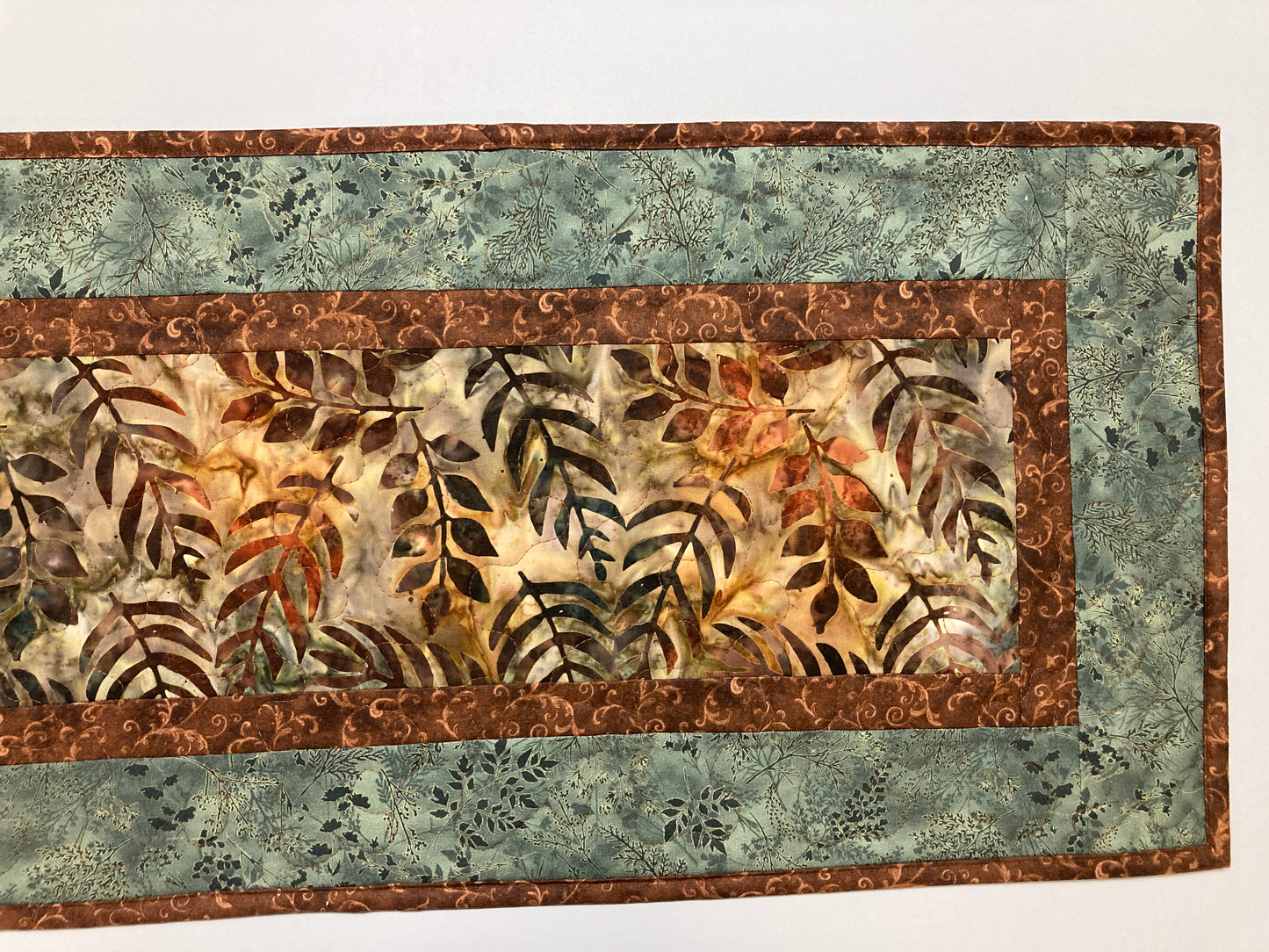 Batik Fall Leaves Quilted Table Runner, Autumn Golden Brown Rust Green, Dining Coffee End Table Runner, 13x48" Reversible Summer Handmade