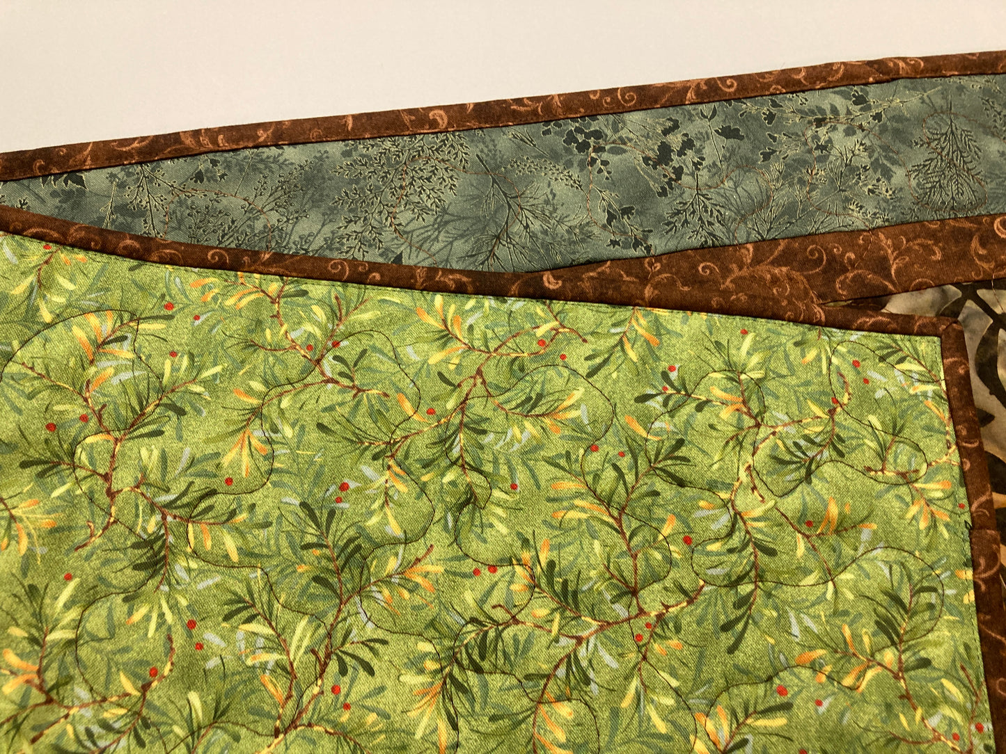 Batik Fall Leaves Quilted Table Runner, Autumn Golden Brown Rust Green, Dining Coffee End Table Runner, 13x48" Reversible Summer Handmade