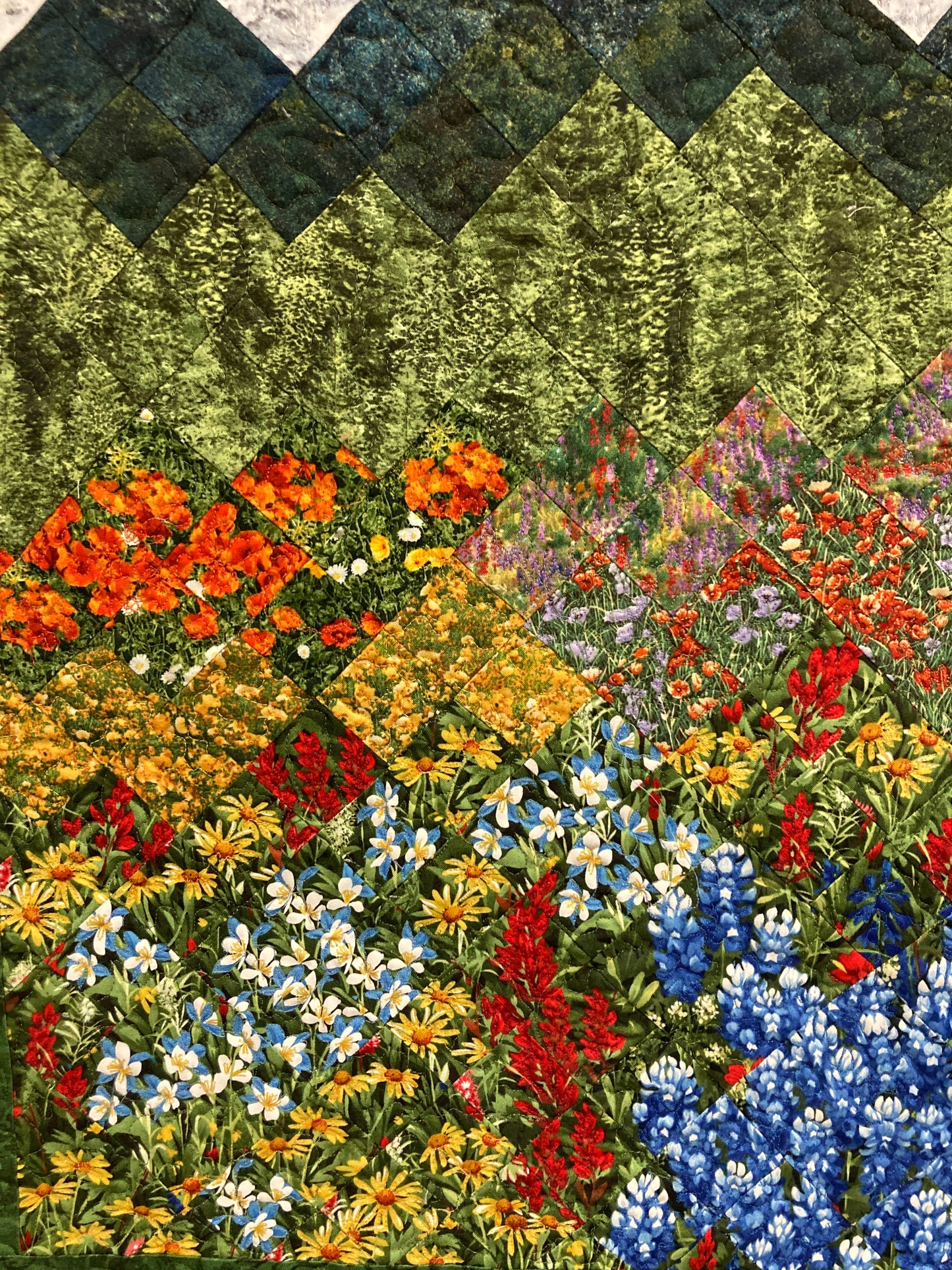 Wildflower Mountain Quilt Art Fabric Wall Hanging, Landscape Textile Art 23x36” Vertical Tapestry, Summer Blue Red Yellow Flowers Artwork