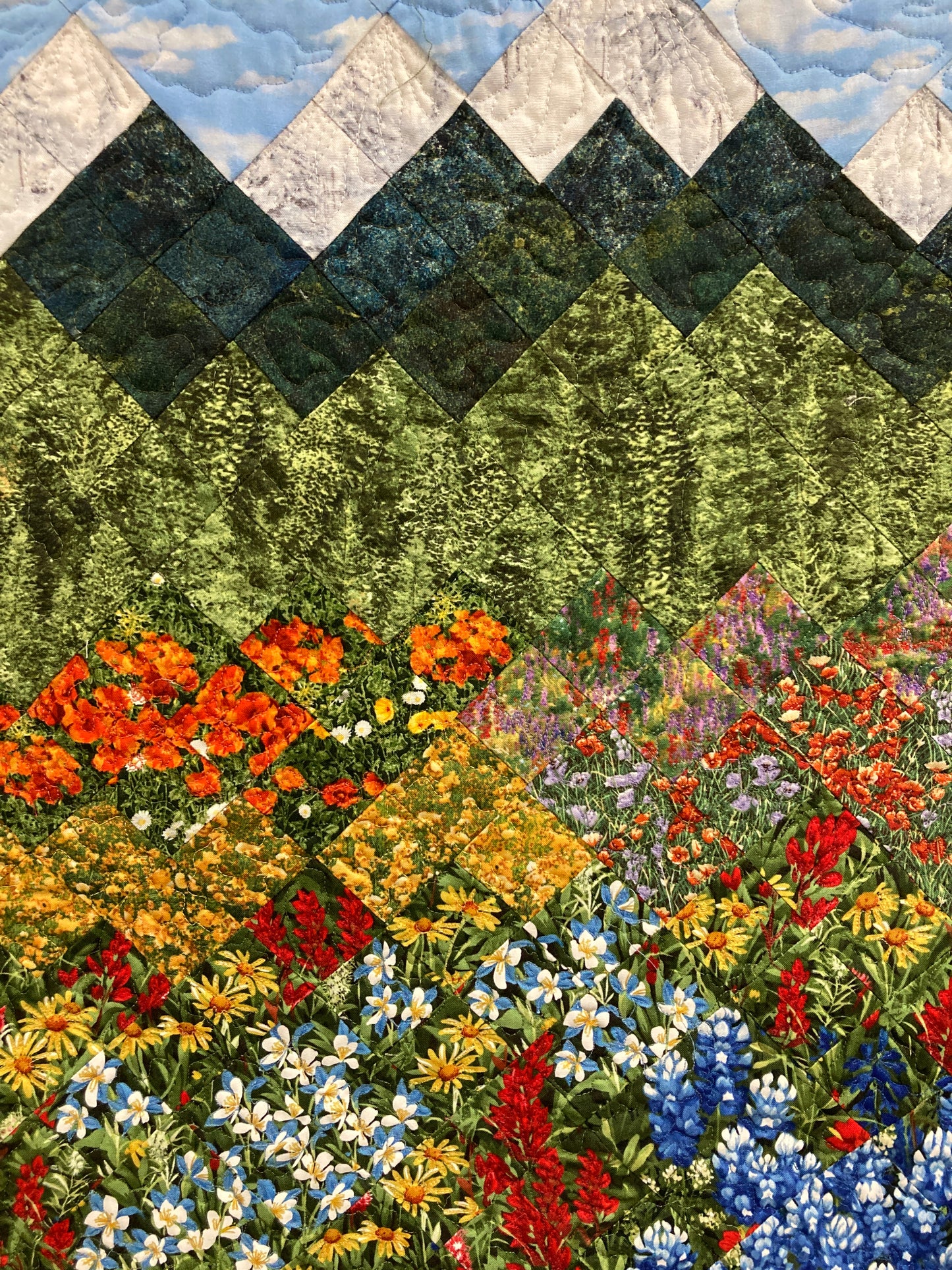 Wildflower Mountain Quilt Art Fabric Wall Hanging, Landscape Textile Art 23x36” Vertical Tapestry, Summer Blue Red Yellow Flowers Artwork