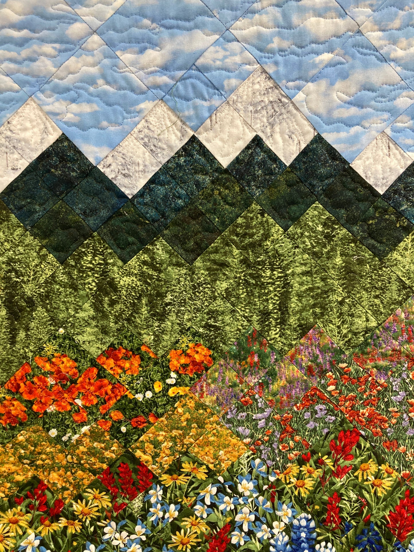 Wildflower Mountain Quilt Art Fabric Wall Hanging, Landscape Textile Art 23x36” Vertical Tapestry, Summer Blue Red Yellow Flowers Artwork