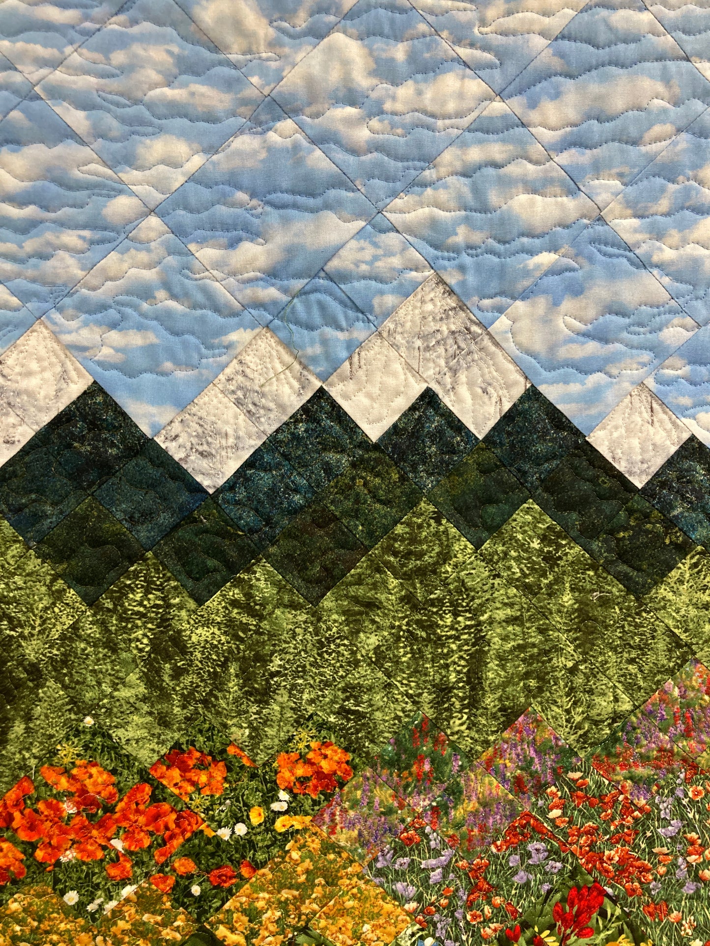 Wildflower Mountain Quilt Art Fabric Wall Hanging, Landscape Textile Art 23x36” Vertical Tapestry, Summer Blue Red Yellow Flowers Artwork