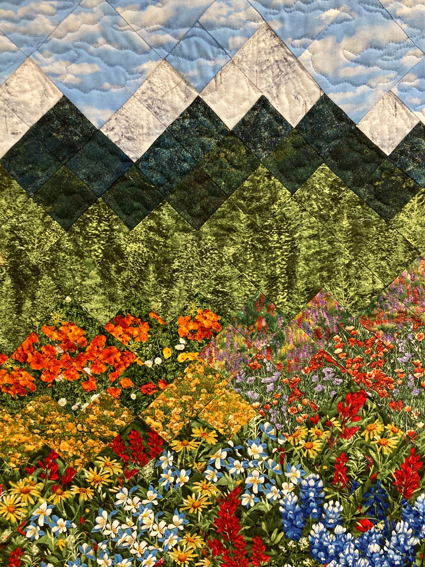 Wildflower Mountain Quilt Art Fabric Wall Hanging, Landscape Textile Art 23x36” Vertical Tapestry, Summer Blue Red Yellow Flowers Artwork