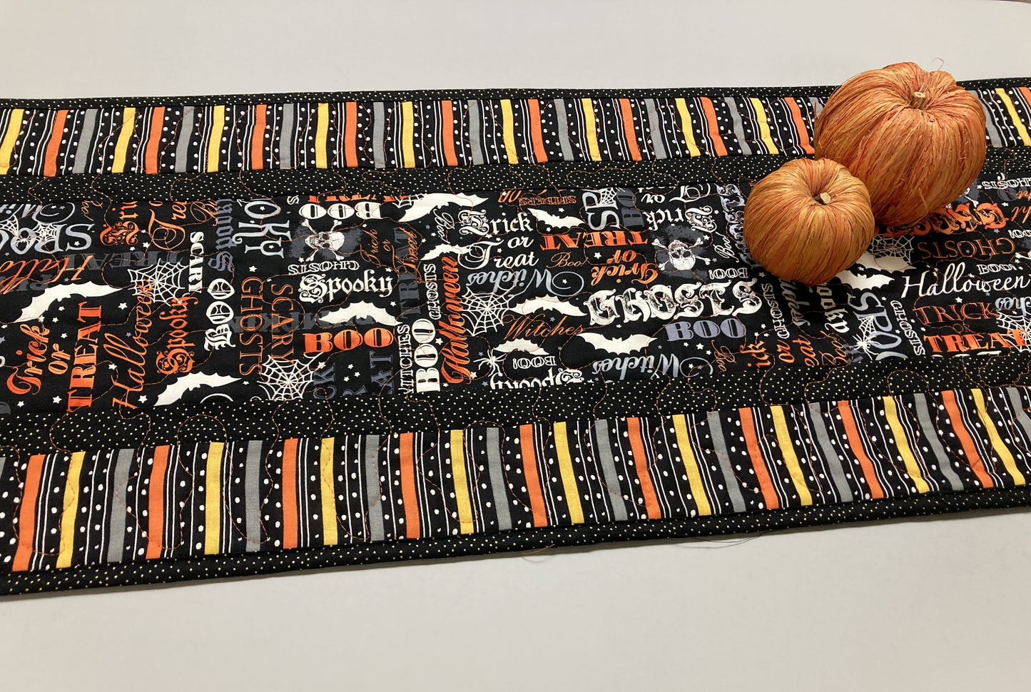 Halloween Quilted Table Runner, Skulls Bats Pumpkins Black Orange Words, 13x48" Reversible, Spider Webs Spooky Candy Mat Coffee Dining Table