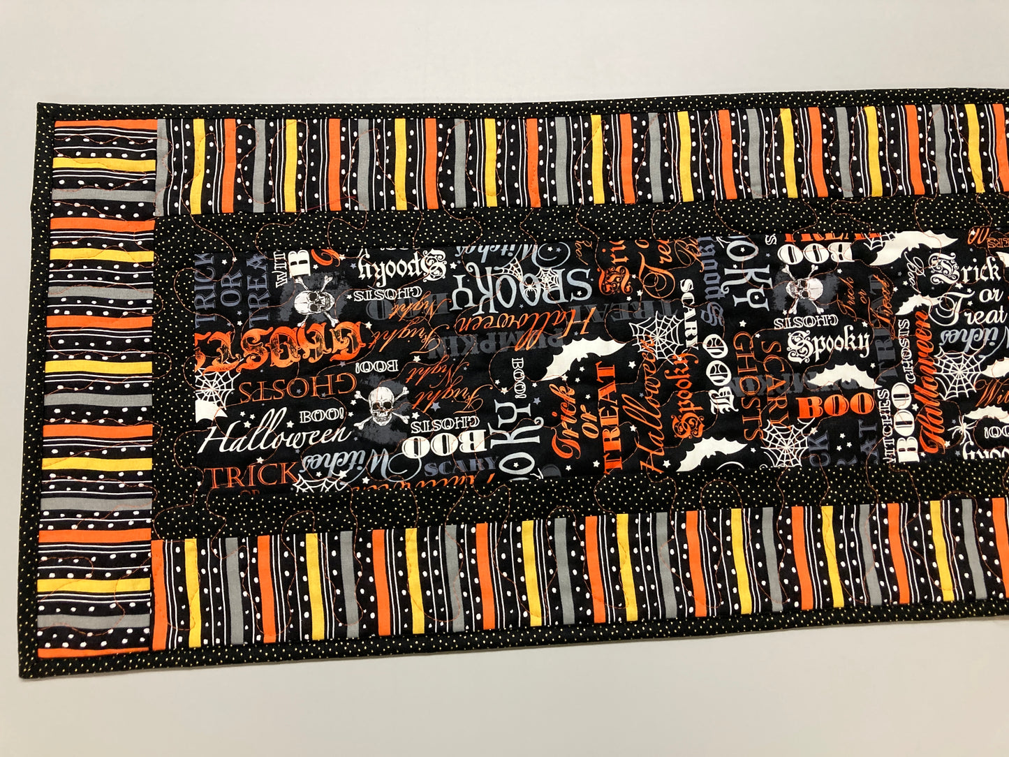 Halloween Quilted Table Runner, Skulls Bats Pumpkins Black Orange Words, 13x48" Reversible, Spider Webs Spooky Candy Mat Coffee Dining Table