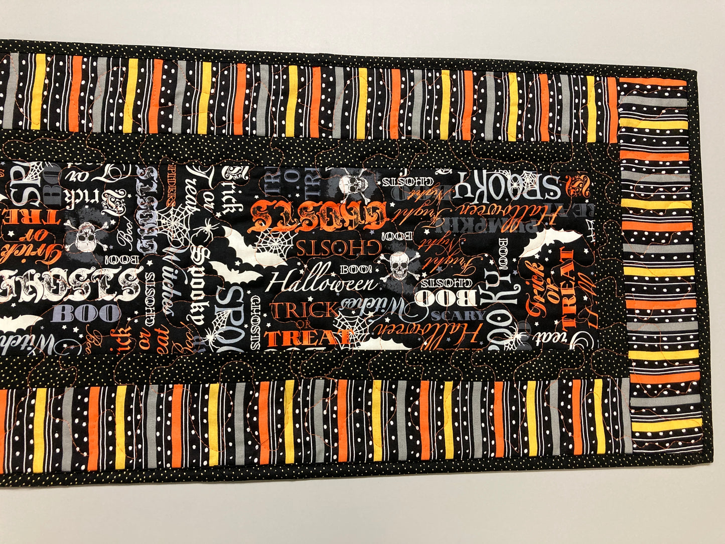 Halloween Quilted Table Runner, Skulls Bats Pumpkins Black Orange Words, 13x48" Reversible, Spider Webs Spooky Candy Mat Coffee Dining Table