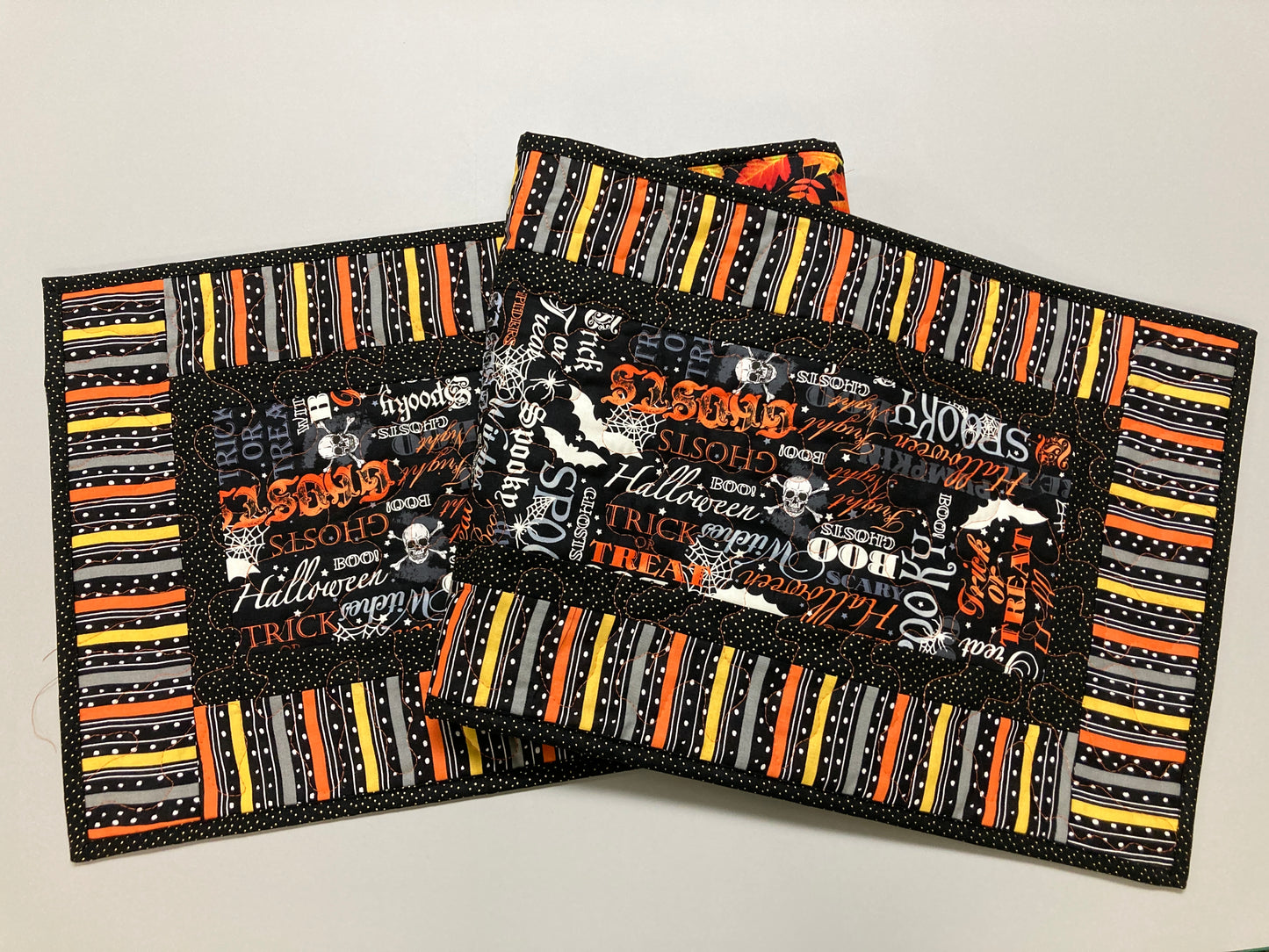Halloween Quilted Table Runner, Skulls Bats Pumpkins Black Orange Words, 13x48" Reversible, Spider Webs Spooky Candy Mat Coffee Dining Table