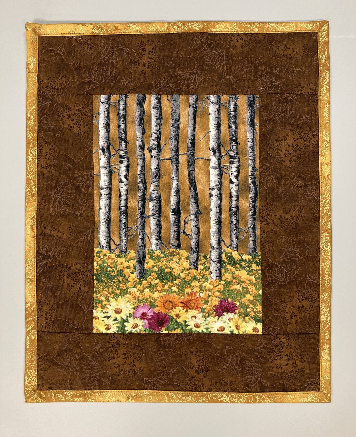 Fall Aspen Trees and Flowers, Fabric Art Quilt Wall Hanging, Landscape Tapestry, Autumn Floral 11x14" Original Artwork Handmade Woodland