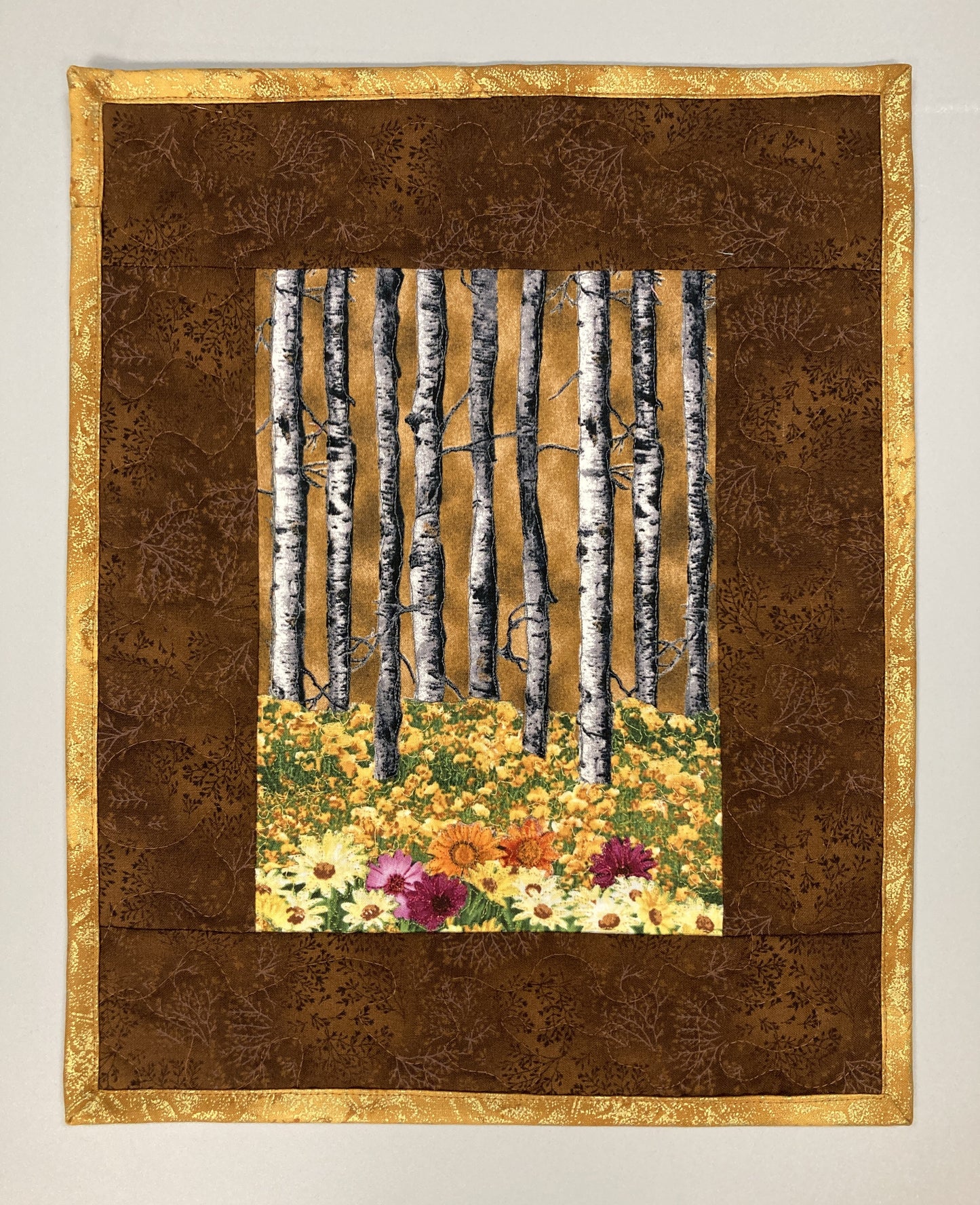Fall Aspen Trees and Flowers, Fabric Art Quilt Wall Hanging, Landscape Tapestry, Autumn Floral 11x14" Original Artwork Handmade Woodland