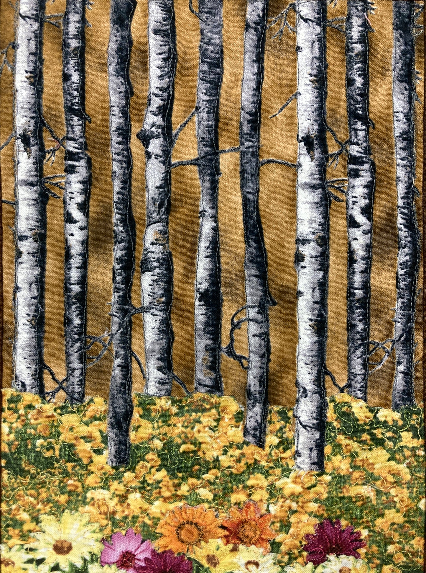 Fall Aspen Trees and Flowers, Fabric Art Quilt Wall Hanging, Landscape Tapestry, Autumn Floral 11x14" Original Artwork Handmade Woodland