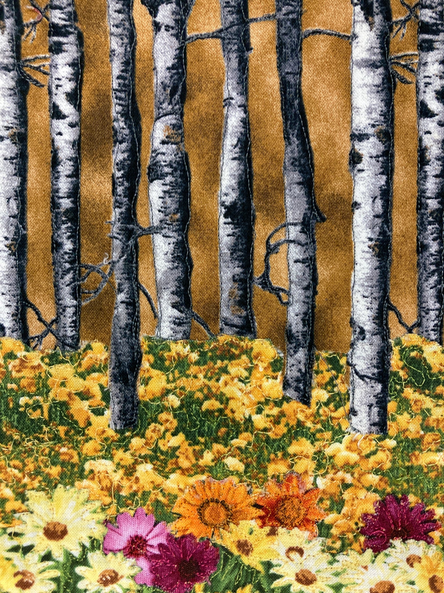 Fall Aspen Trees and Flowers, Fabric Art Quilt Wall Hanging, Landscape Tapestry, Autumn Floral 11x14" Original Artwork Handmade Woodland