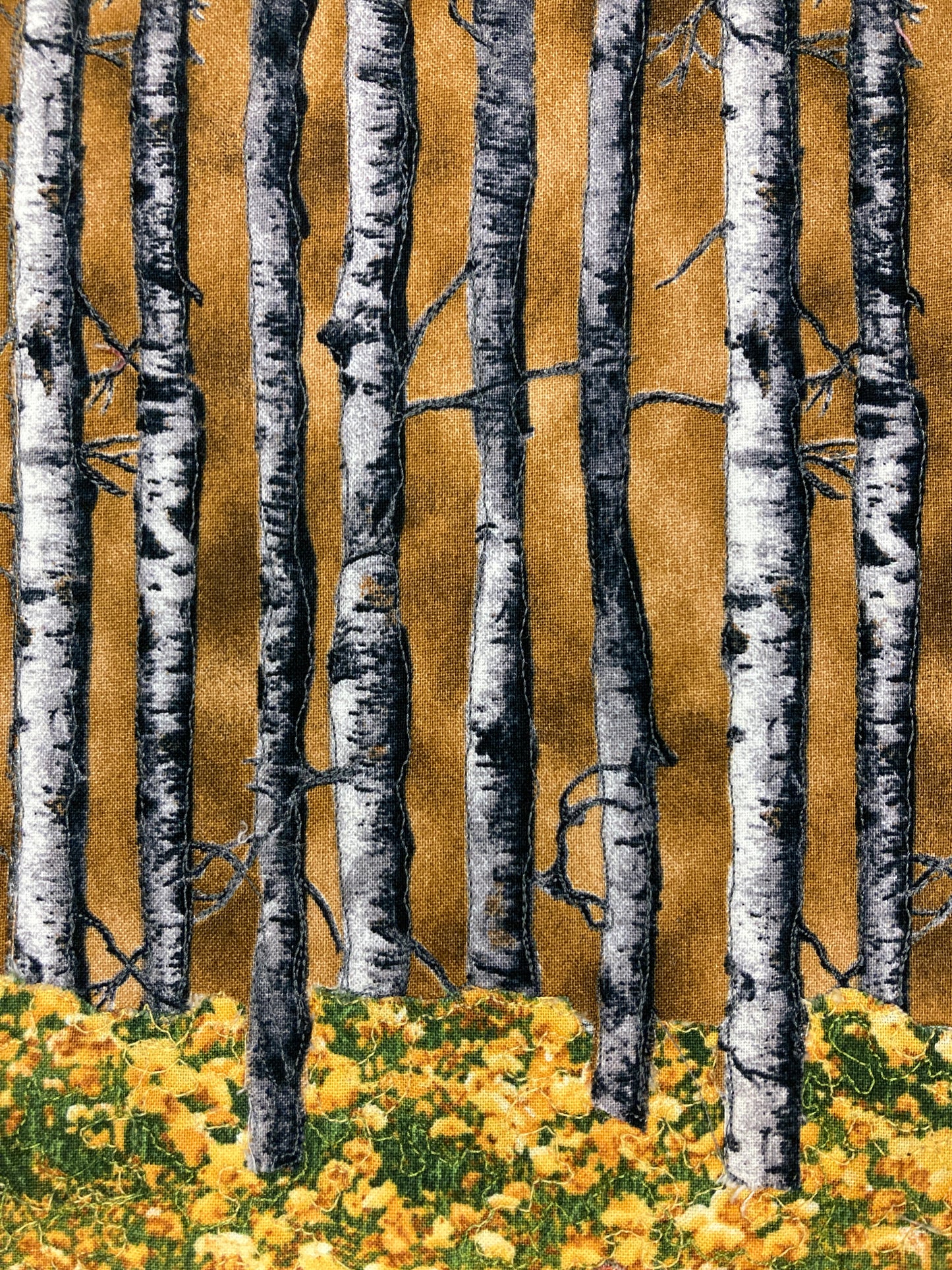 Fall Aspen Trees and Flowers, Fabric Art Quilt Wall Hanging, Landscape Tapestry, Autumn Floral 11x14" Original Artwork Handmade Woodland