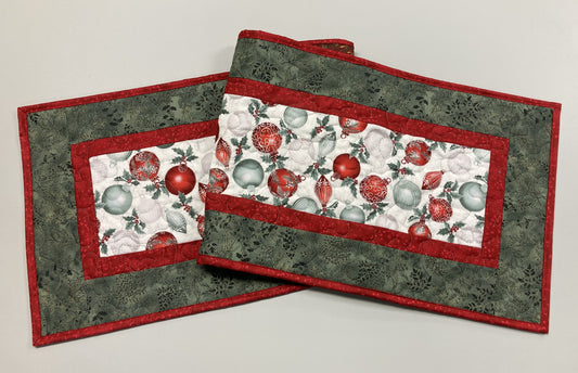 Red Silver Green Christmas Ornaments Quilted Dining Table Runner, 13x48", Winter Holiday Coffee End Table, Dresser Scarf Reversible Handmade