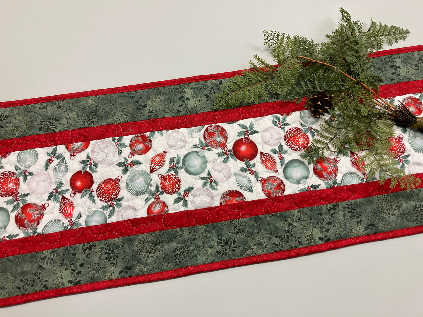 Red Silver Green Christmas Ornaments Quilted Dining Table Runner, 13x48", Winter Holiday Coffee End Table, Dresser Scarf Reversible Handmade