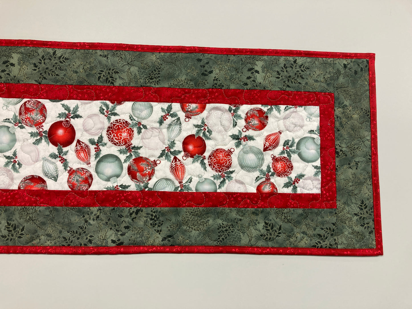 Red Silver Green Christmas Ornaments Quilted Dining Table Runner, 13x48", Winter Holiday Coffee End Table, Dresser Scarf Reversible Handmade