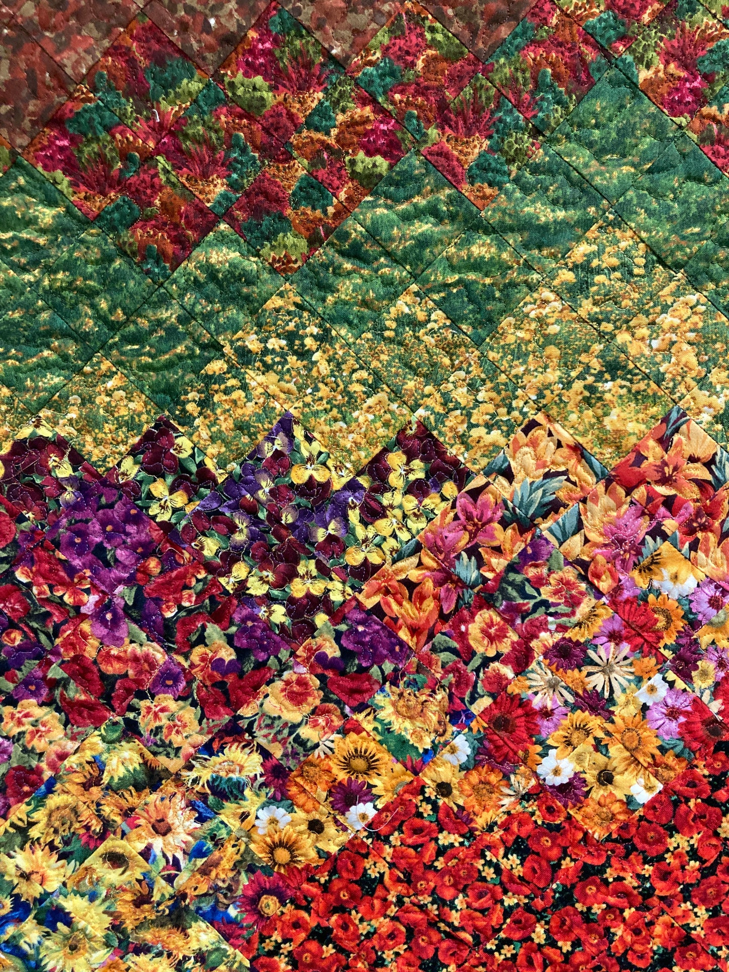 Fall Sunset Flowers Landscape Art Quilt, Tapestry 22x34", Fabric Wall Hanging, Small Vertical Mountain Snow Pine Trees Golden Green Autumn