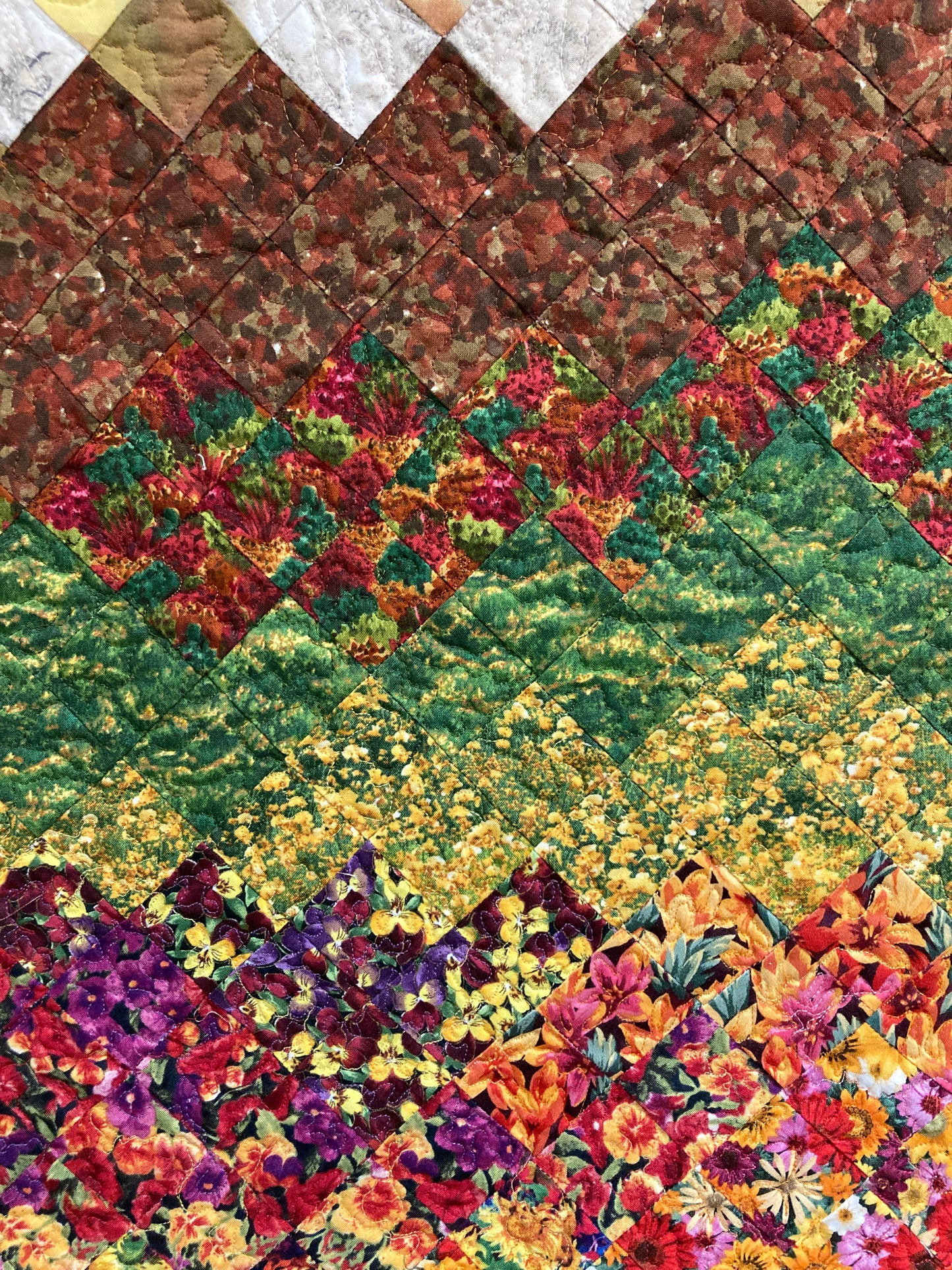 Fall Sunset Flowers Landscape Art Quilt, Tapestry 22x34", Fabric Wall Hanging, Small Vertical Mountain Snow Pine Trees Golden Green Autumn