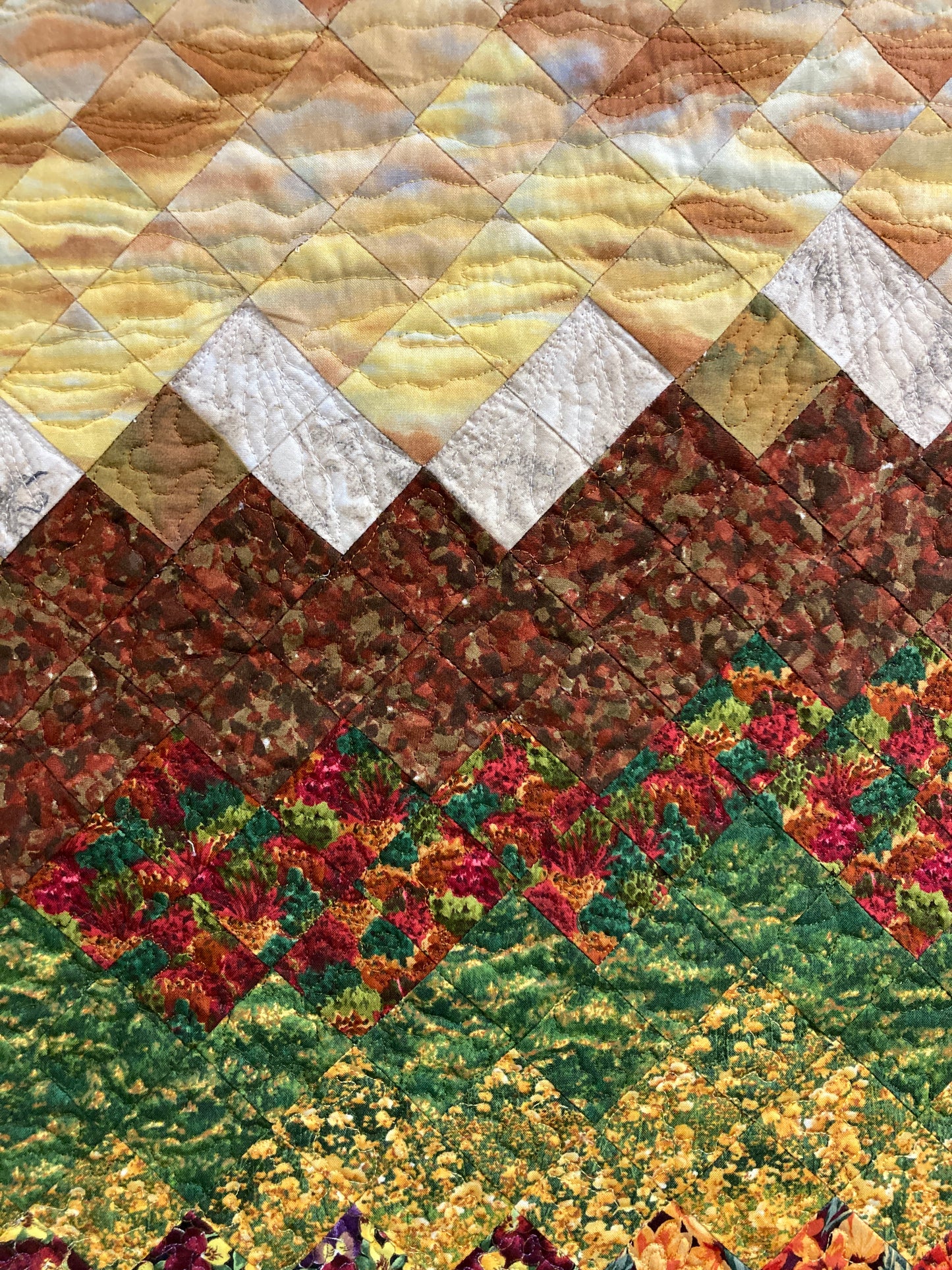 Fall Sunset Flowers Landscape Art Quilt, Tapestry 22x34", Fabric Wall Hanging, Small Vertical Mountain Snow Pine Trees Golden Green Autumn